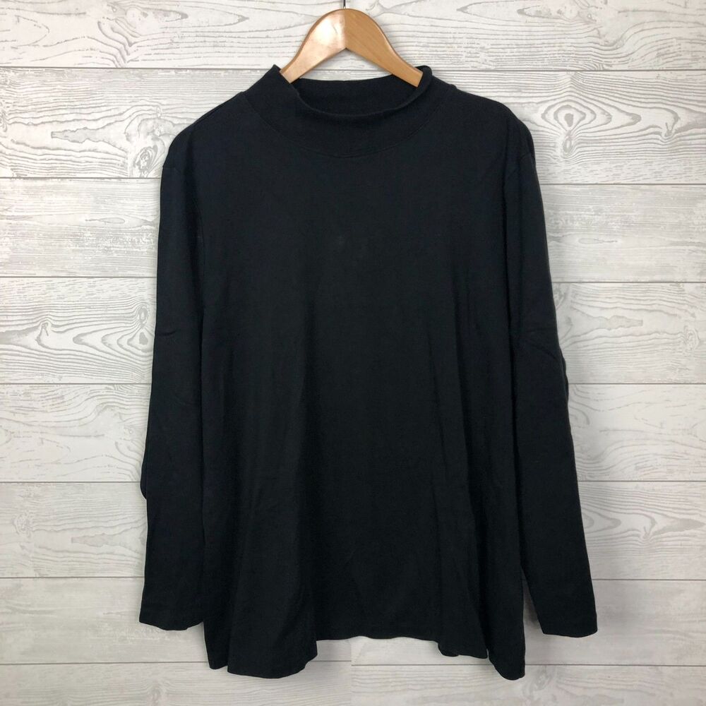 CJ Banks Women's 2X Long Sleeve Mock Neck Shirt 100% Cotton Solid Black Casual
